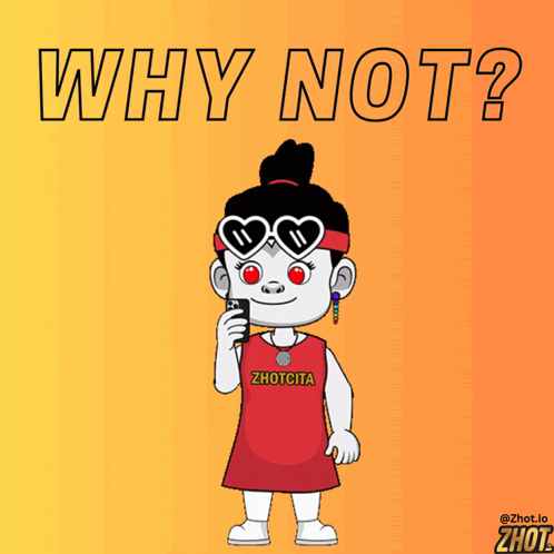 A Cartoon Of A Girl Holding A Cell Phone With The Words Why Not Behind Her GIF
