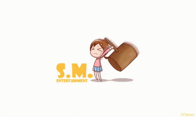 A Cartoon Of A Girl Holding A Chair With S.m. Entertainment Written On The Bottom GIF