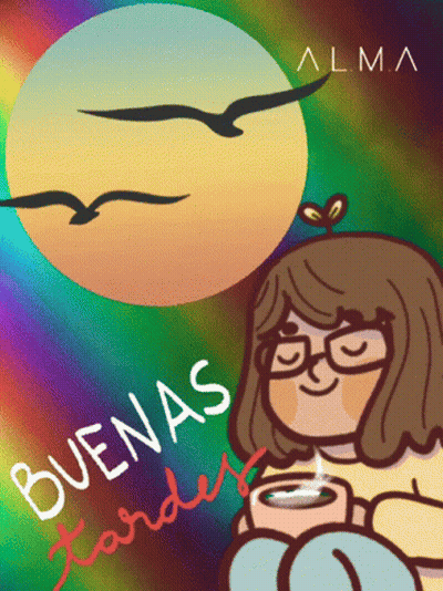 A Cartoon Of A Girl Holding A Cup Of Coffee With The Words " Buenas Tardes " Written On The Bottom GIF