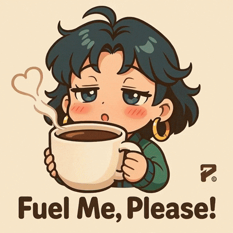 A Cartoon Of A Girl Holding A Cup Of Coffee With The Words Fuel Me Please GIF