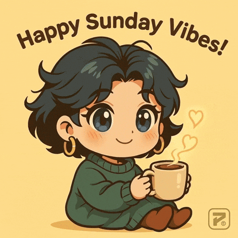 A Cartoon Of A Girl Holding A Cup Of Coffee With The Words Happy Sunday Vibes Written Above Her GIF