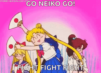 A Cartoon Of A Girl Holding A Fan With The Words `` Go Neiko Go ! Fight Fight Fight '' Written On It . GIF