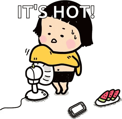 A Cartoon Of A Girl Holding A Fan With The Words It 'S Hot GIF