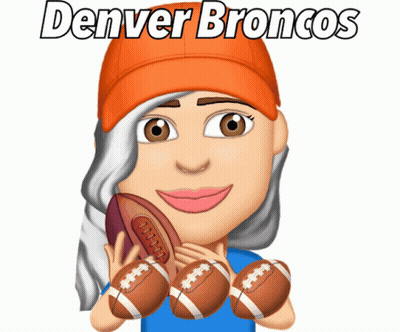 A Cartoon Of A Girl Holding A Football With The Words Denver Broncos Written Above Her GIF