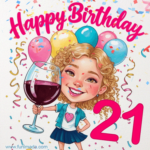 A Cartoon Of A Girl Holding A Glass Of Wine With The Number 21 In The Background GIF