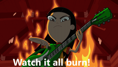 A Cartoon Of A Girl Holding A Green Guitar With The Words Watch It All Burn GIF