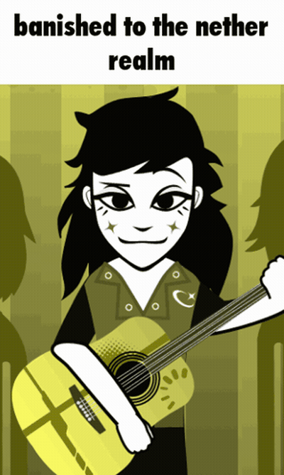 A Cartoon Of A Girl Holding A Guitar With The Words " Banished To The Nether Realm " GIF