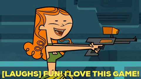 A Cartoon Of A Girl Holding A Gun With The Words Laughs Fun Love This Game Written Below Her GIF