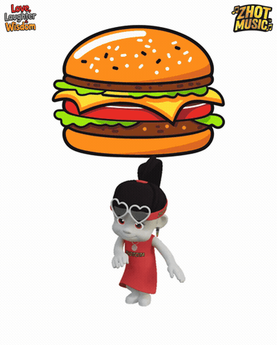 A Cartoon Of A Girl Holding A Hamburger On Her Head With The Words Love Laughter Wisdom Above It GIF