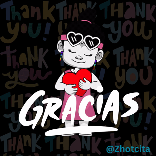 A Cartoon Of A Girl Holding A Heart With The Words Gracias Written On The Bottom GIF