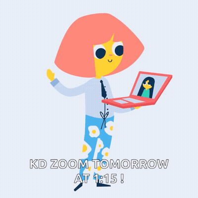 A Cartoon Of A Girl Holding A Laptop And The Words Kd Zoom Tomorrow At 1:15 GIF