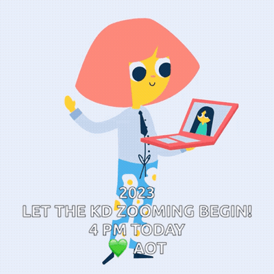 A Cartoon Of A Girl Holding A Laptop With The Words " Let The Kd Zooming Begin " GIF
