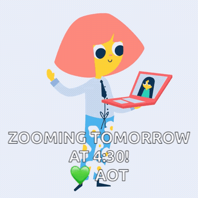 A Cartoon Of A Girl Holding A Laptop With The Words Zooming Tomorrow At 4:30 GIF