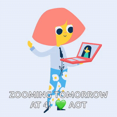 A Cartoon Of A Girl Holding A Laptop With The Words Zooming Tomorrow At 4 Aot On The Bottom GIF