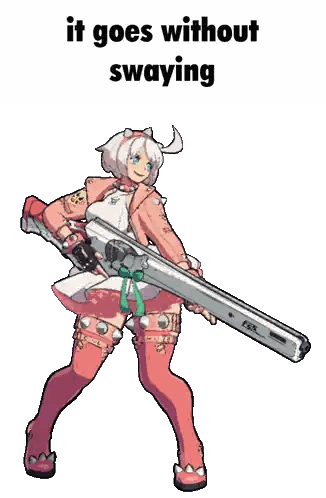 A Cartoon Of A Girl Holding A Large Gun With The Words " It Goes Without Swaying " Above Her Sticker