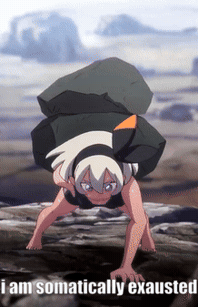 A Cartoon Of A Girl Holding A Large Rock With The Words I Am Somatically Exhausted GIF