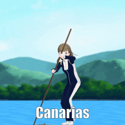 A Cartoon Of A Girl Holding A Stick With The Word Canarias Written Below Her GIF