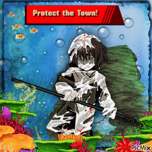 A Cartoon Of A Girl Holding A Stick With The Words Protect The Town Written Above Her GIF