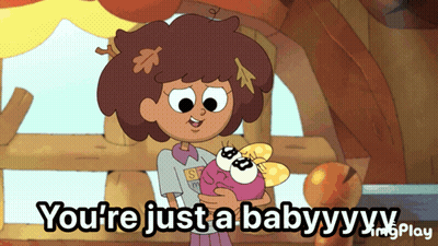 A Cartoon Of A Girl Holding A Stuffed Animal That Says You 'Re Just A Baby GIF