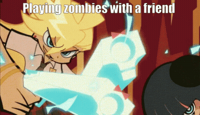 A Cartoon Of A Girl Holding A Sword With The Words Playing Zombies With A Friend GIF