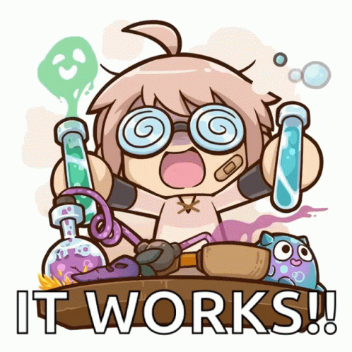A Cartoon Of A Girl Holding A Test Tube With The Words " It Works " On The Bottom GIF