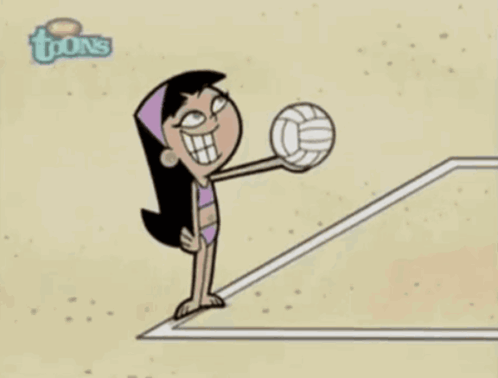 A Cartoon Of A Girl Holding A Volleyball With The Word Toons On The Bottom GIF