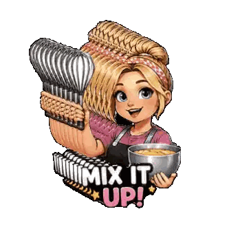 A Cartoon Of A Girl Holding A Whisk And A Bowl With The Words Mix It Up Below Her Sticker