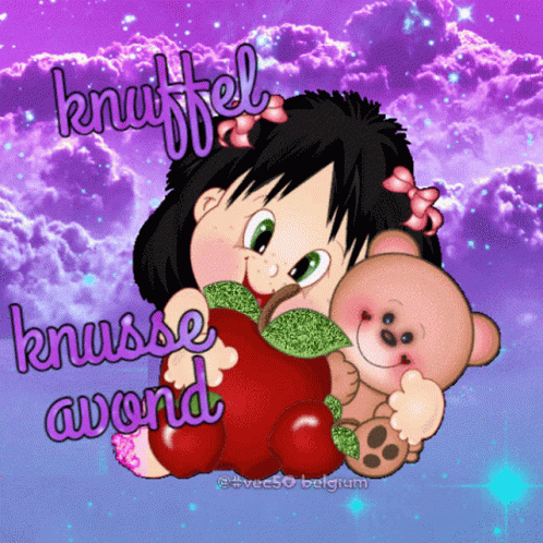 A Cartoon Of A Girl Holding An Apple And A Teddy Bear With The Words Knuffel Knusse Avond GIF