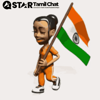 A Cartoon Of A Girl Holding An Indian Flag With A Star Tamil Chat Logo Behind Her GIF