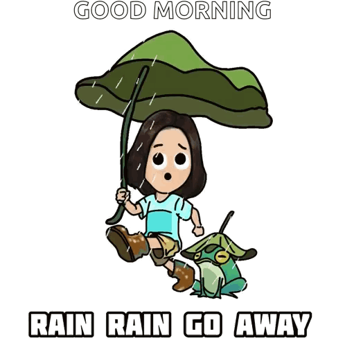 A Cartoon Of A Girl Holding An Umbrella Next To A Frog With The Words " Good Morning Rain Rain Go Away " GIF