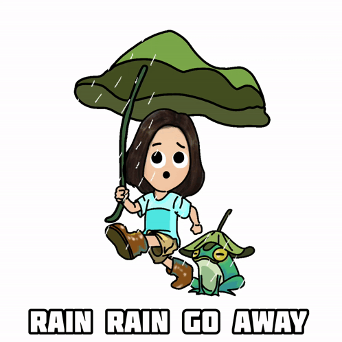 A Cartoon Of A Girl Holding An Umbrella Next To A Frog With The Words Rain Rain Go Away Below Her GIF