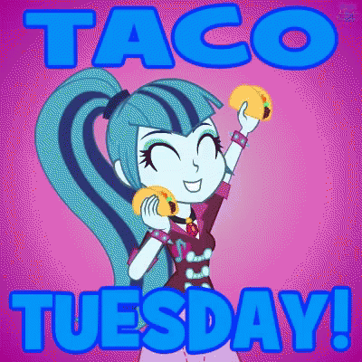 A Cartoon Of A Girl Holding Two Tacos With The Words Taco Tuesday GIF