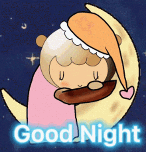A Cartoon Of A Girl Hugging A Crescent Moon With The Words Good Night Below GIF