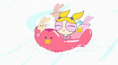 A Cartoon Of A Girl In A Boat With Rabbits And The Words Yaaaay In White GIF