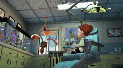 A Cartoon Of A Girl In A Dental Chair With A Sign That Says Dental Clinic GIF