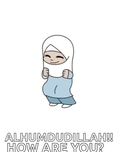 A Cartoon Of A Girl In A Hijab With Her Arms In The Air And The Words `` How Are You '' . GIF