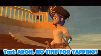 A Cartoon Of A Girl In A Pirate Hat With The Words " Tari Argh No Time For Yapping " GIF