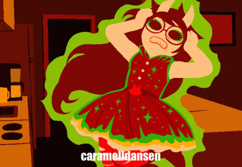 A Cartoon Of A Girl In A Red And Green Dress With The Words Carameldansen On The Bottom Right GIF