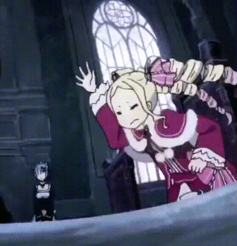 A Cartoon Of A Girl In A Red Dress Standing In Front Of A Window . GIF