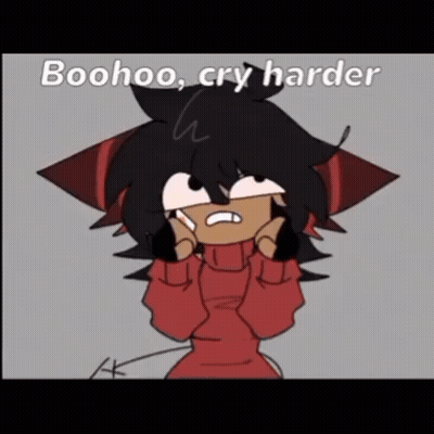 A Cartoon Of A Girl In A Red Sweater With The Words Boohoo , Cry Harder Written On It . GIF