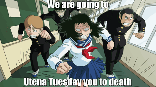 A Cartoon Of A Girl In A School Uniform Running With A Caption That Says We Are Going To Utena Tuesday GIF