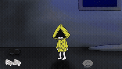 A Cartoon Of A Girl In A Yellow Raincoat Standing Next To A Cardboard Box Man GIF