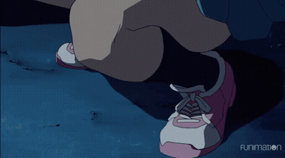 A Cartoon Of A Girl Kneeling Down With Funimation In The Corner GIF