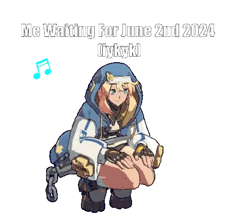 A Cartoon Of A Girl Kneeling Down With The Words " Me Waiting For June 2Nd 2024 " On The Bottom Sticker