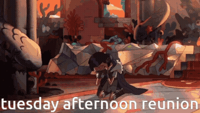 A Cartoon Of A Girl Kneeling Down With The Words Tuesday Afternoon Reunion Written Below Her . GIF