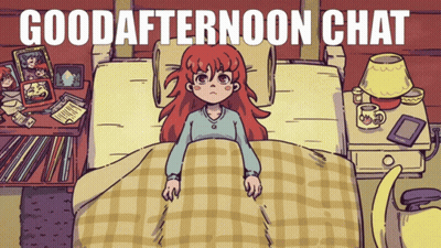 A Cartoon Of A Girl Laying In A Bed With The Words Goodafternoon Chat Above Her GIF