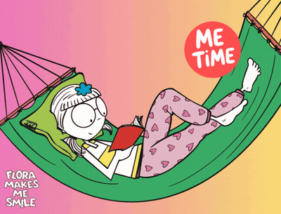 A Cartoon Of A Girl Laying In A Hammock Reading A Book With The Words " Me Time " Above Her GIF