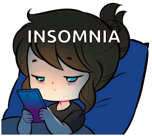 A Cartoon Of A Girl Laying In Bed Looking At Her Phone With The Word Insomnia Above Her GIF