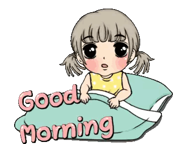 A Cartoon Of A Girl Laying In Bed With The Words Good Morning Written On The Bottom Sticker