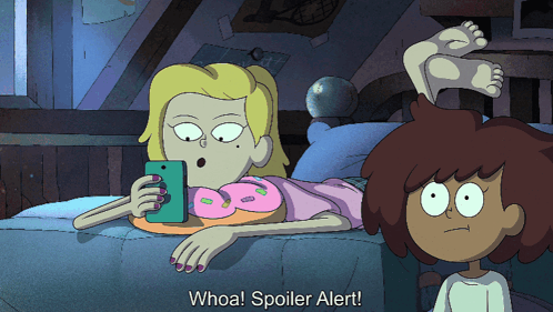 A Cartoon Of A Girl Laying On A Bed With The Words Whoa Spoiler Alert On The Bottom GIF